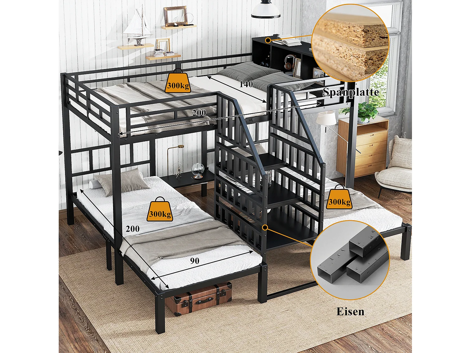 Lit superposés en fer 3 places - 140 x 200 cm + 2 x 90 x 200 cm - avec escalier + rangement - Métal - noir