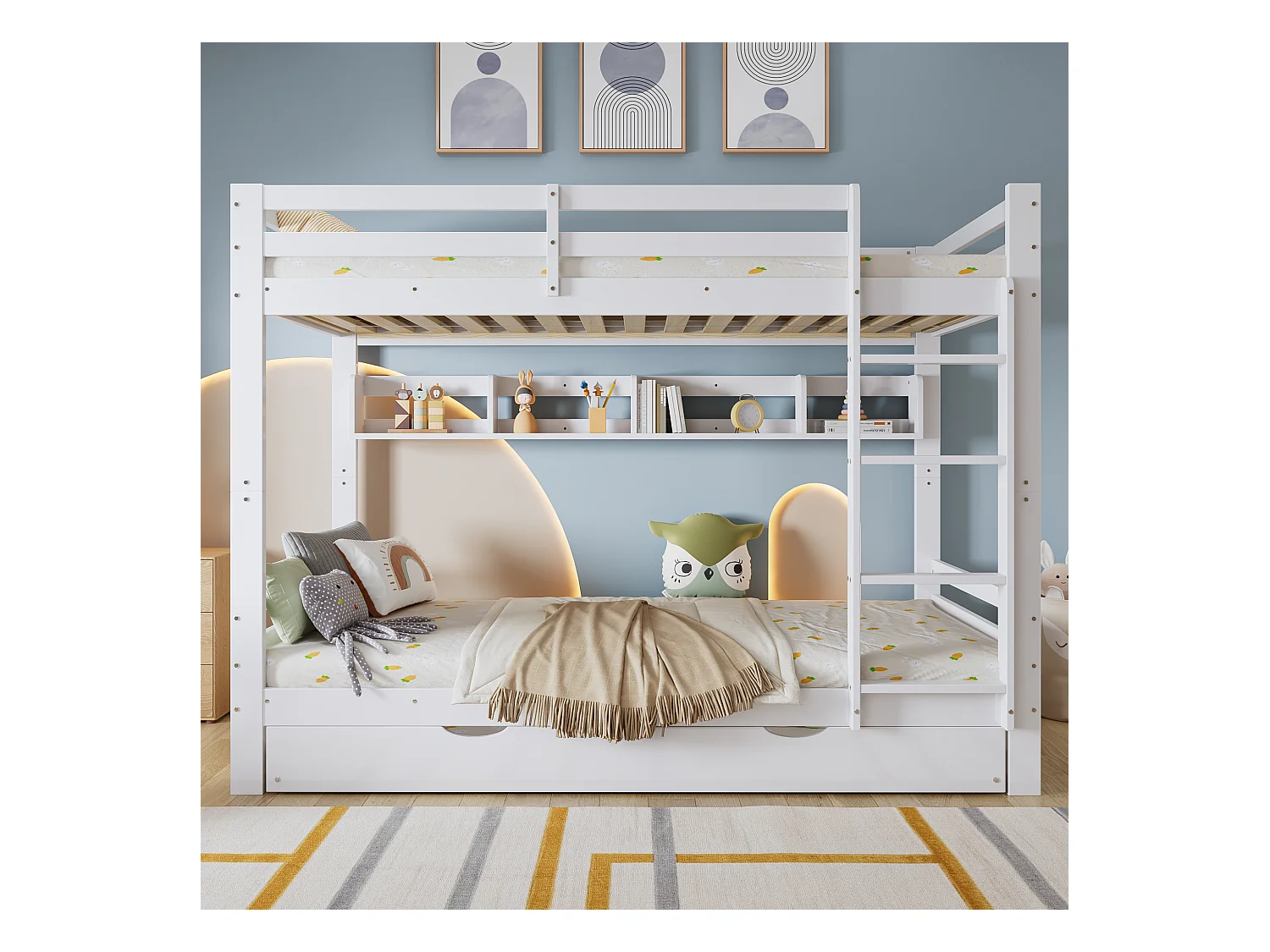 Lit superposés enfant - 2 x 90 x 200 cm - avec lit gigogne 90 x 190 cm + étagères - pin + MDF + contreplaqué - blanc