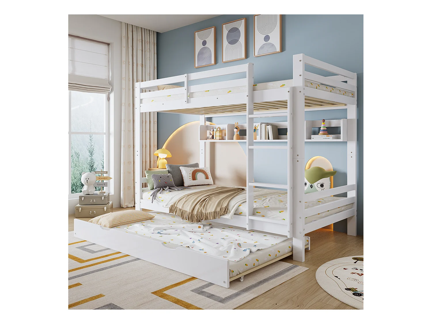 Kinder-Etagenbett - 2 x 90 x 200 cm - mit Ausziehbett 90 x 190 cm + Regale - Kiefer + MDF + Sperrholz - weiß