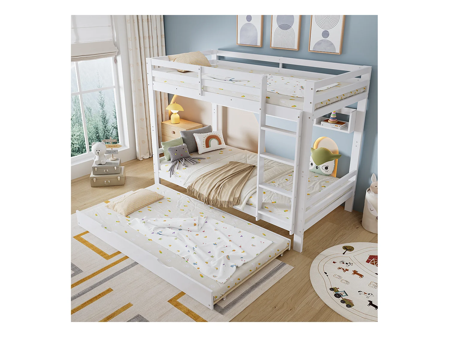 Kinder-Etagenbett - 2 x 90 x 200 cm - mit Ausziehbett 90 x 190 cm + Regale - Kiefer + MDF + Sperrholz - weiß