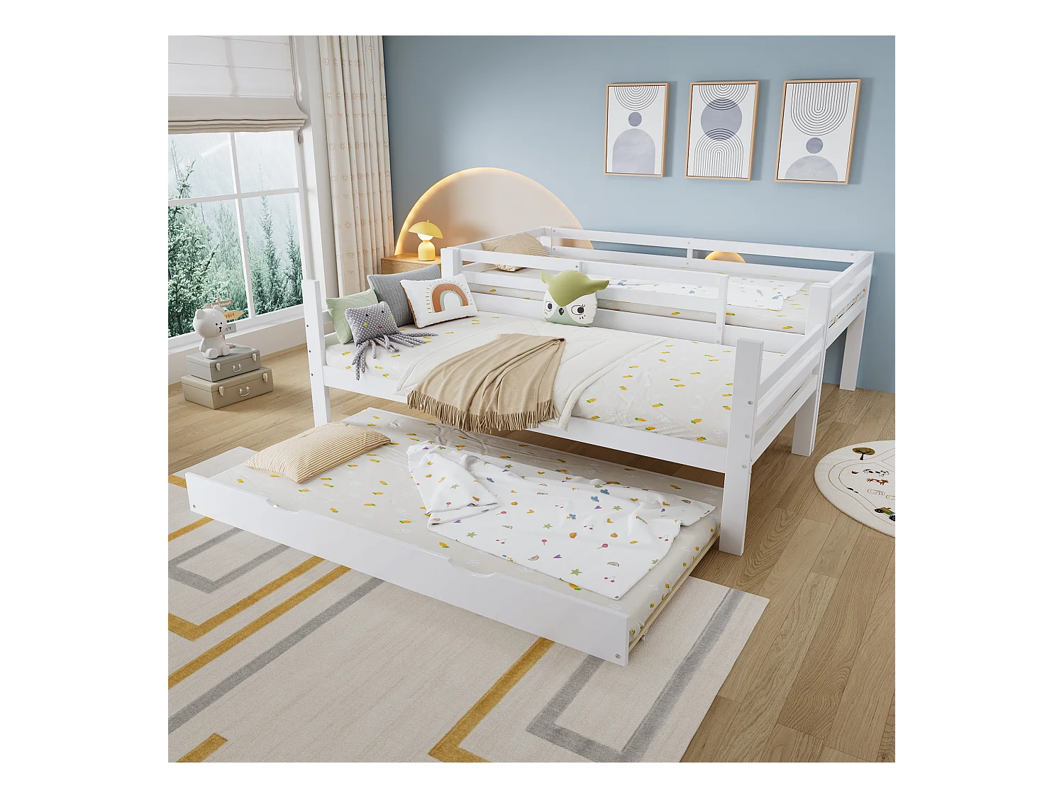 Kinder-Etagenbett - 2 x 90 x 200 cm - mit Ausziehbett 90 x 190 cm + Regale - Kiefer + MDF + Sperrholz - weiß