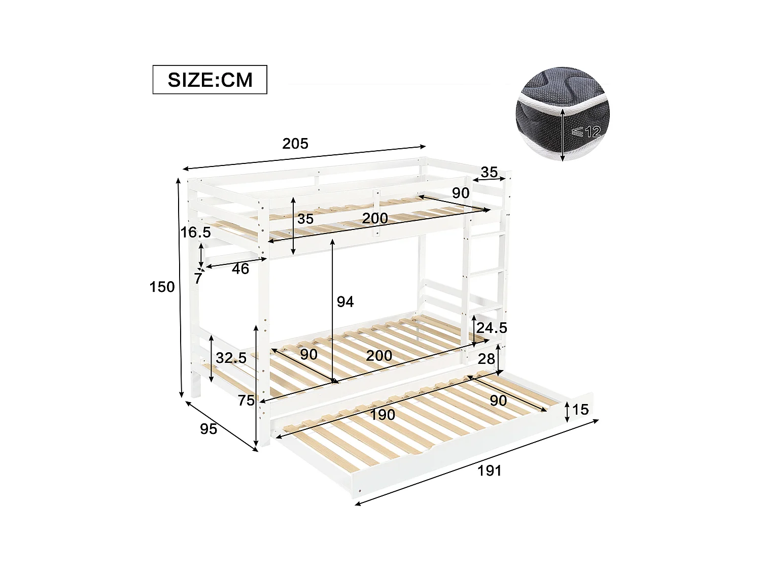 Kinder-Etagenbett - 2 x 90 x 200 cm - mit Ausziehbett 90 x 190 cm + Regale - Kiefer + MDF + Sperrholz - weiß