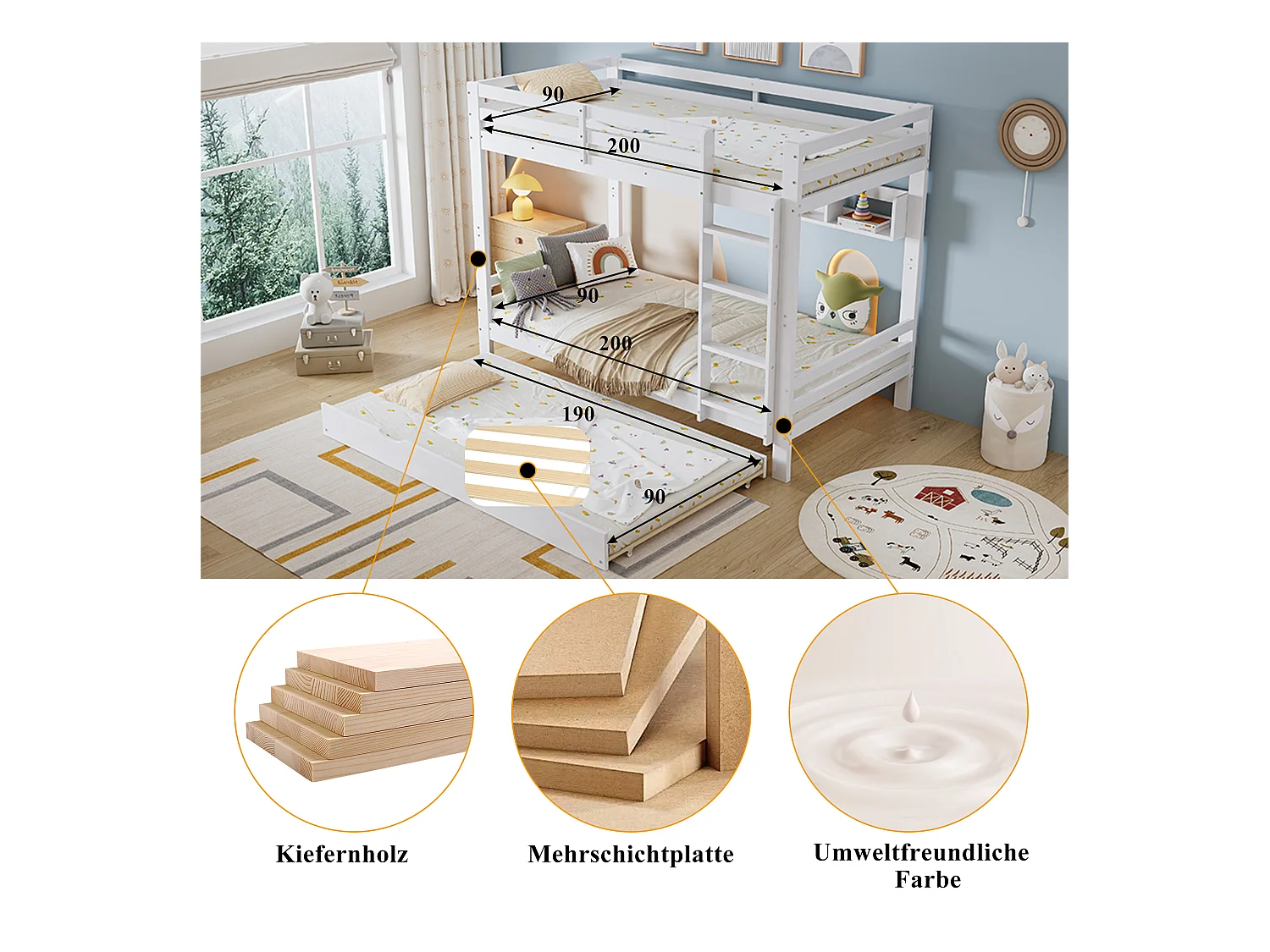 Kinder-Etagenbett - 2 x 90 x 200 cm - mit Ausziehbett 90 x 190 cm + Regale - Kiefer + MDF + Sperrholz - weiß