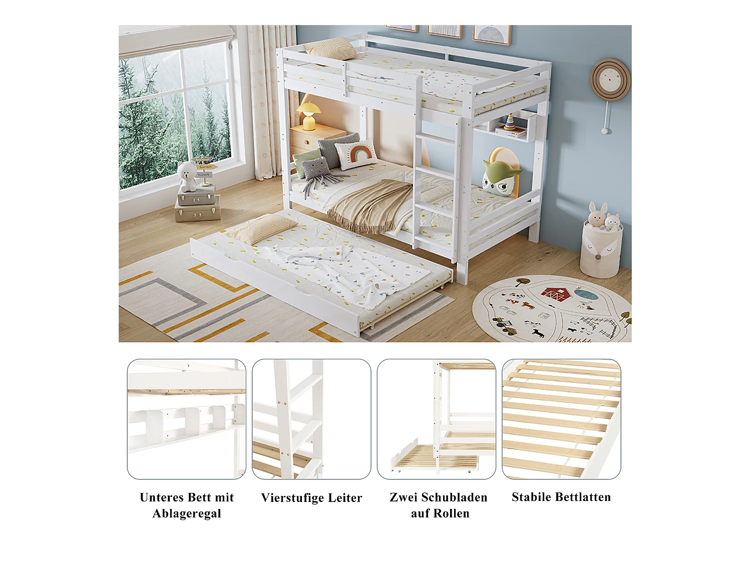 Kinder-Etagenbett - 2 x 90 x 200 cm - mit Ausziehbett 90 x 190 cm + Regale - Kiefer + MDF + Sperrholz - weiß