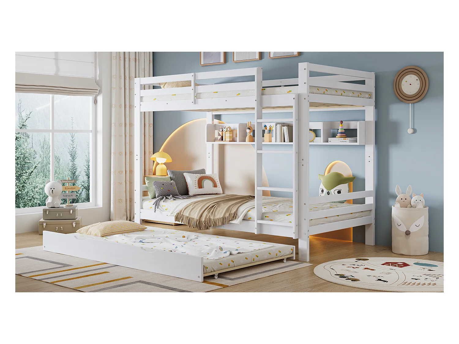Kinder-Etagenbett - 2 x 90 x 200 cm - mit Ausziehbett 90 x 190 cm + Regale - Kiefer + MDF + Sperrholz - weiß