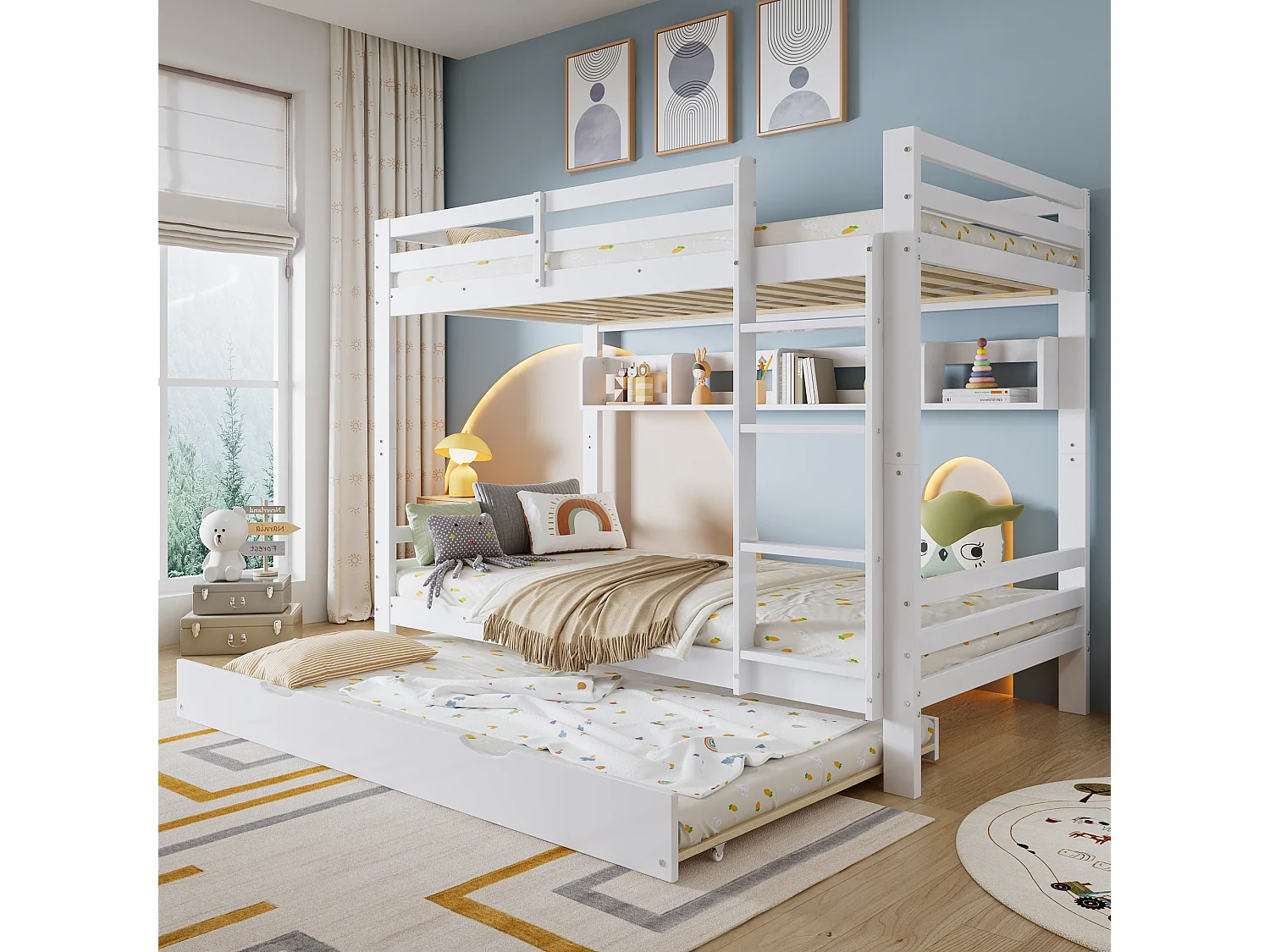 Stapelbed voor kinderen - 2 x 90 x 200 cm - met uitschuifbed 90 x 190 cm + planken - grenen + MDF + multiplex - wit