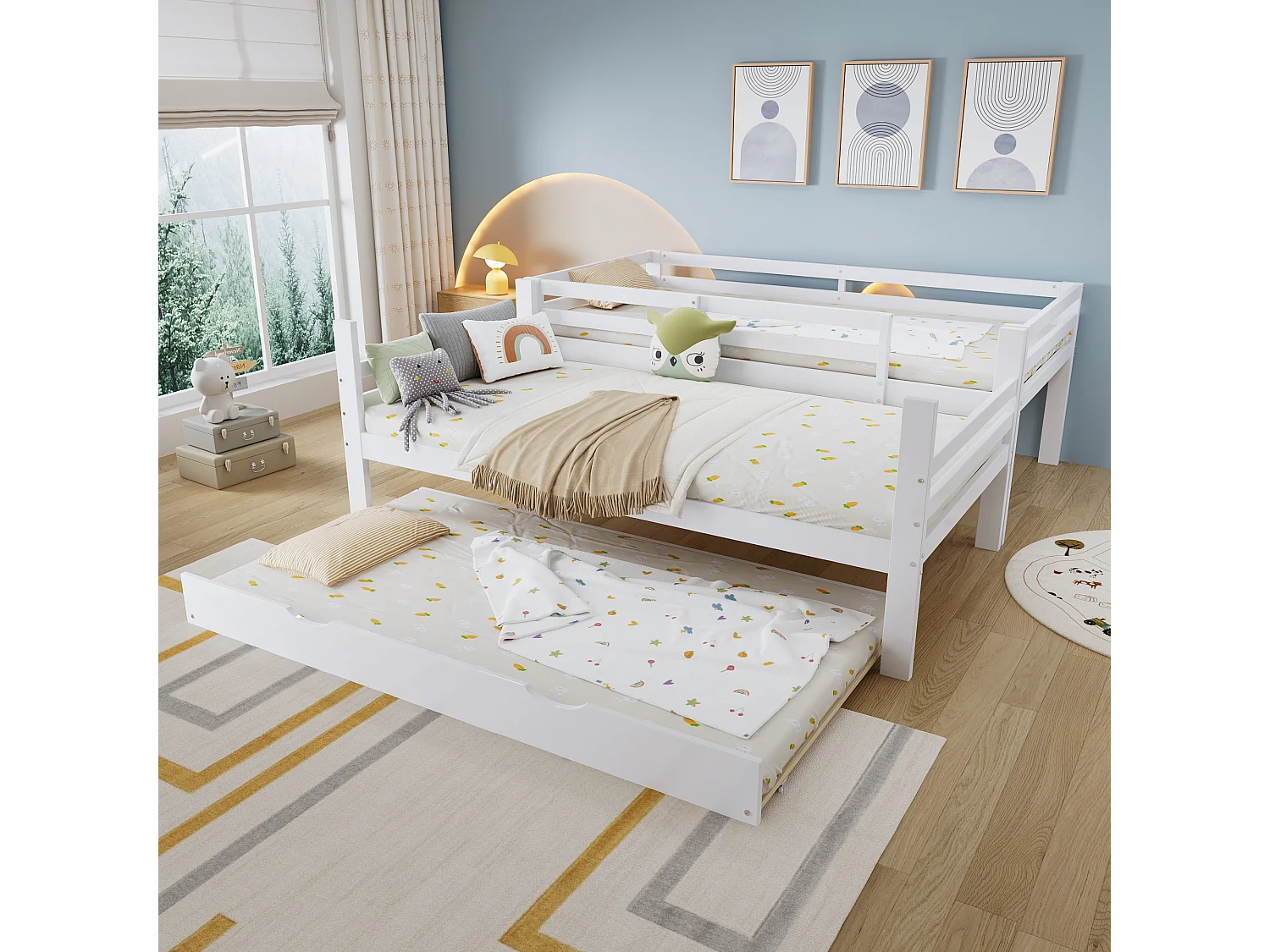 Stapelbed voor kinderen - 2 x 90 x 200 cm - met uitschuifbed 90 x 190 cm + planken - grenen + MDF + multiplex - wit