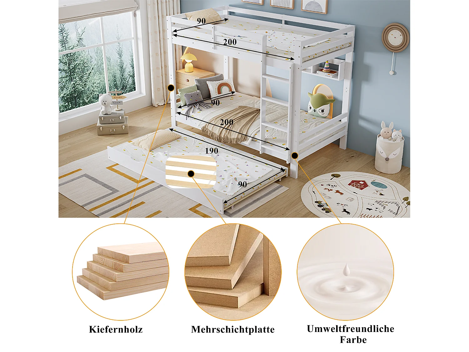 Stapelbed voor kinderen - 2 x 90 x 200 cm - met uitschuifbed 90 x 190 cm + planken - grenen + MDF + multiplex - wit