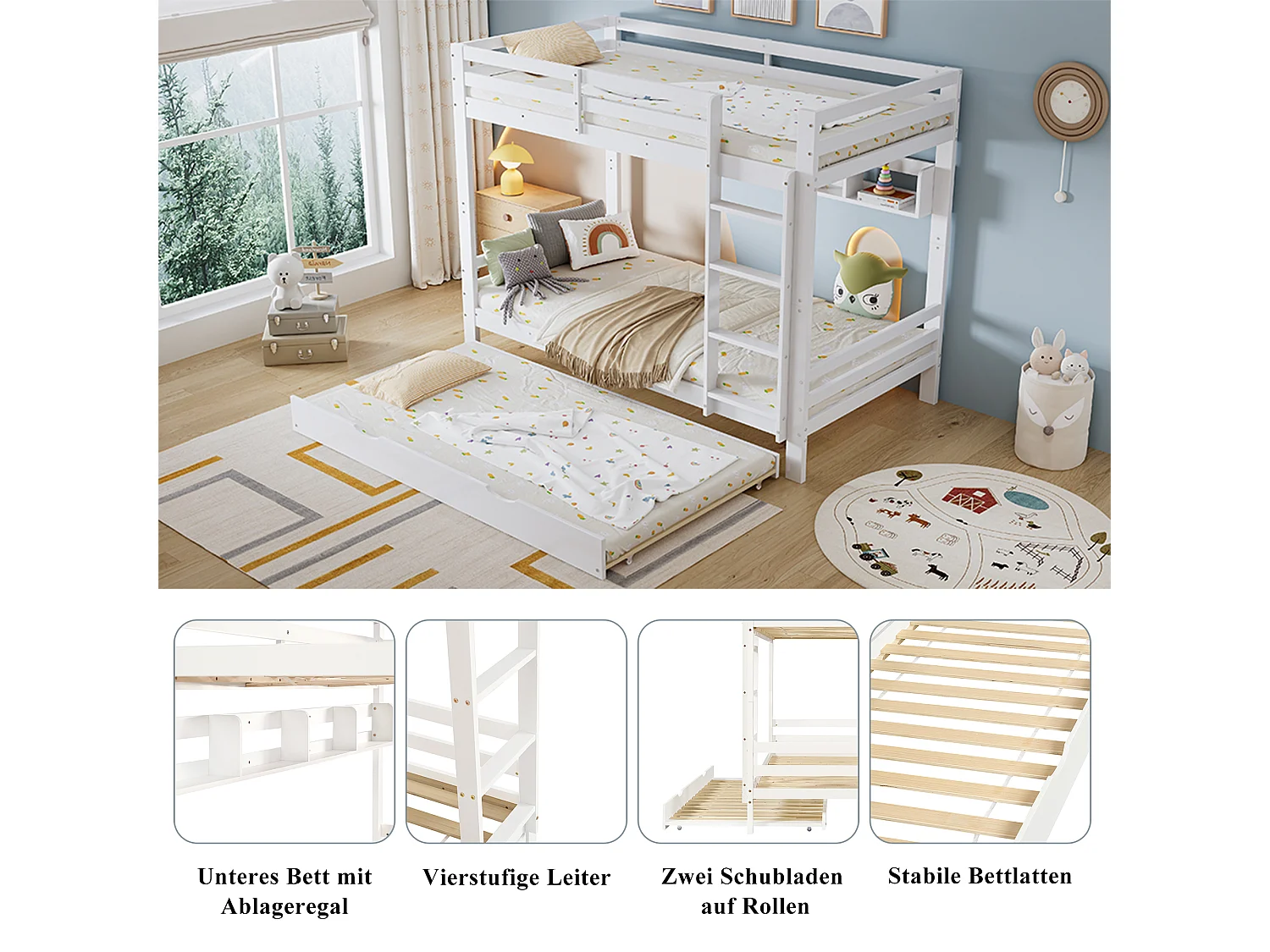 Stapelbed voor kinderen - 2 x 90 x 200 cm - met uitschuifbed 90 x 190 cm + planken - grenen + MDF + multiplex - wit