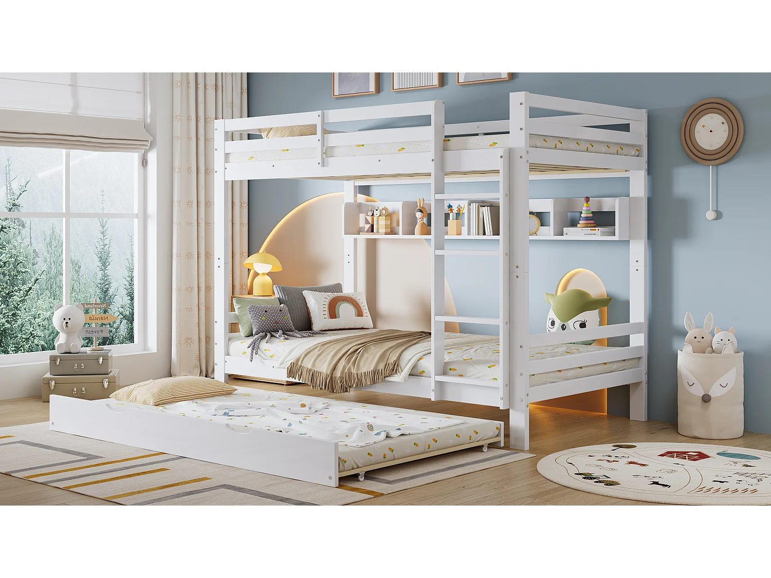 Stapelbed voor kinderen - 2 x 90 x 200 cm - met uitschuifbed 90 x 190 cm + planken - grenen + MDF + multiplex - wit