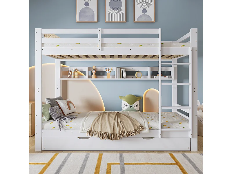 Stapelbed voor kinderen - 2 x 90 x 200 cm - met uitschuifbed 90 x 190 cm + planken - grenen + MDF + multiplex - wit