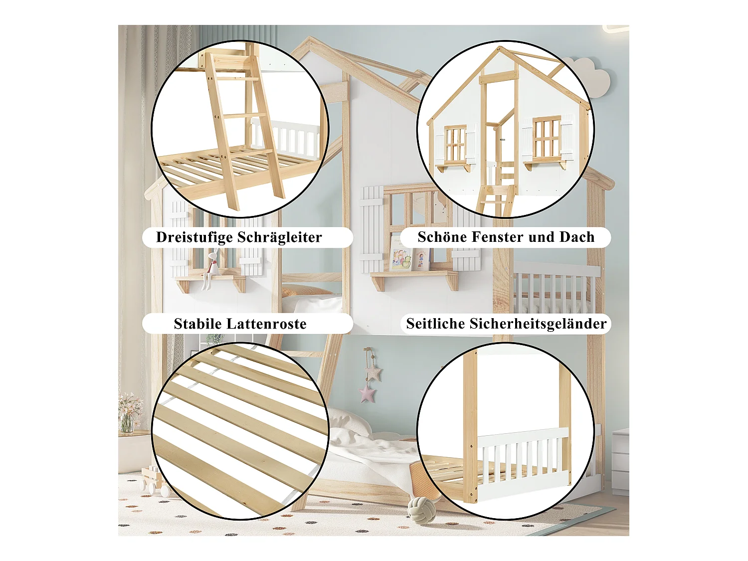 Kinder-Etagenbett - 2 x 90 x 200 cm - mit Fenster und Dach + Lattenroste - Kiefer + MDF + Sperrholz - weiß + natur
