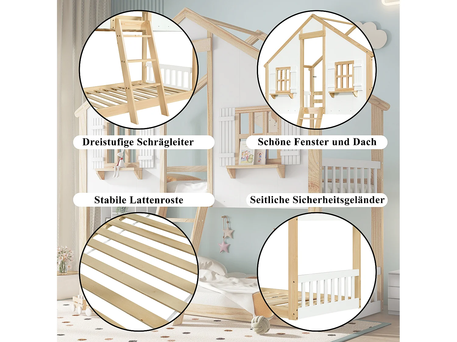 Lit superposés enfant -  2 x 90 x 200 cm - avec fenêtres et toit + sommiers à lattes - pin + MDF + contreplaqué - blanc + naturel