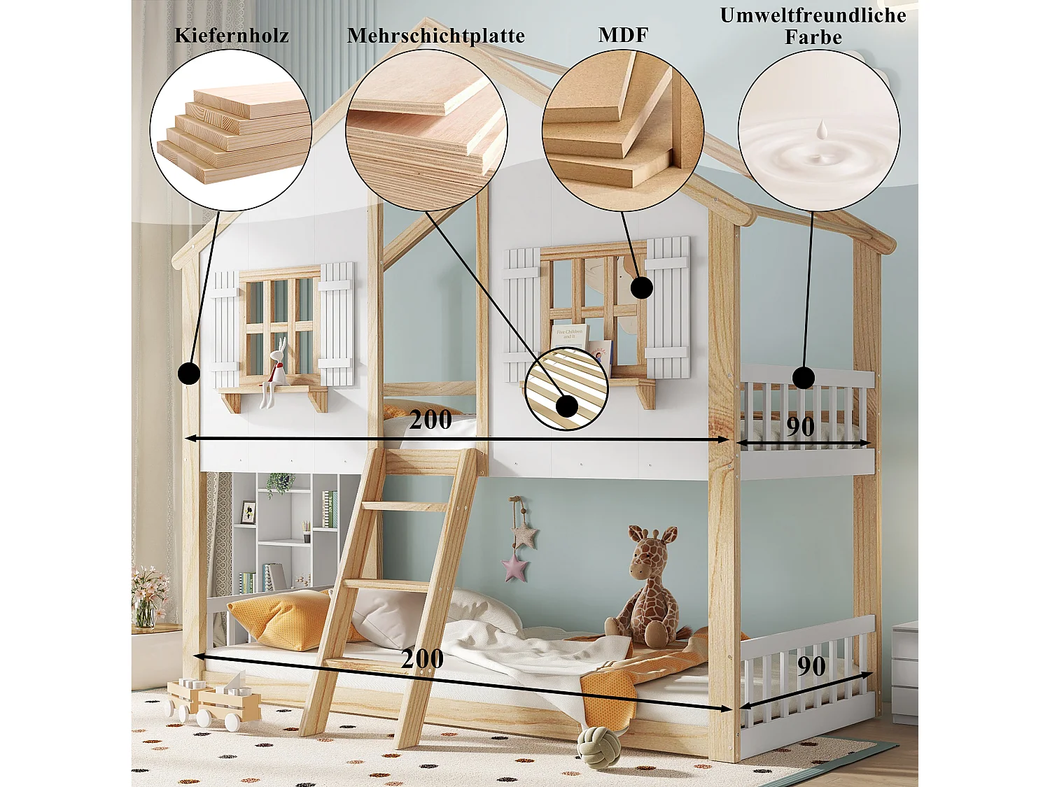 Lit superposés enfant -  2 x 90 x 200 cm - avec fenêtres et toit + sommiers à lattes - pin + MDF + contreplaqué - blanc + naturel