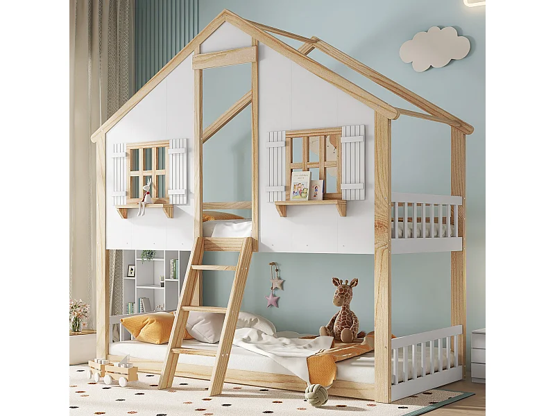 Łóżko piętrowe dla dzieci - 2 x 90 x 200 cm - z oknami i dachem + stelaż - sosna + MDF + sklejka - białe + naturalne