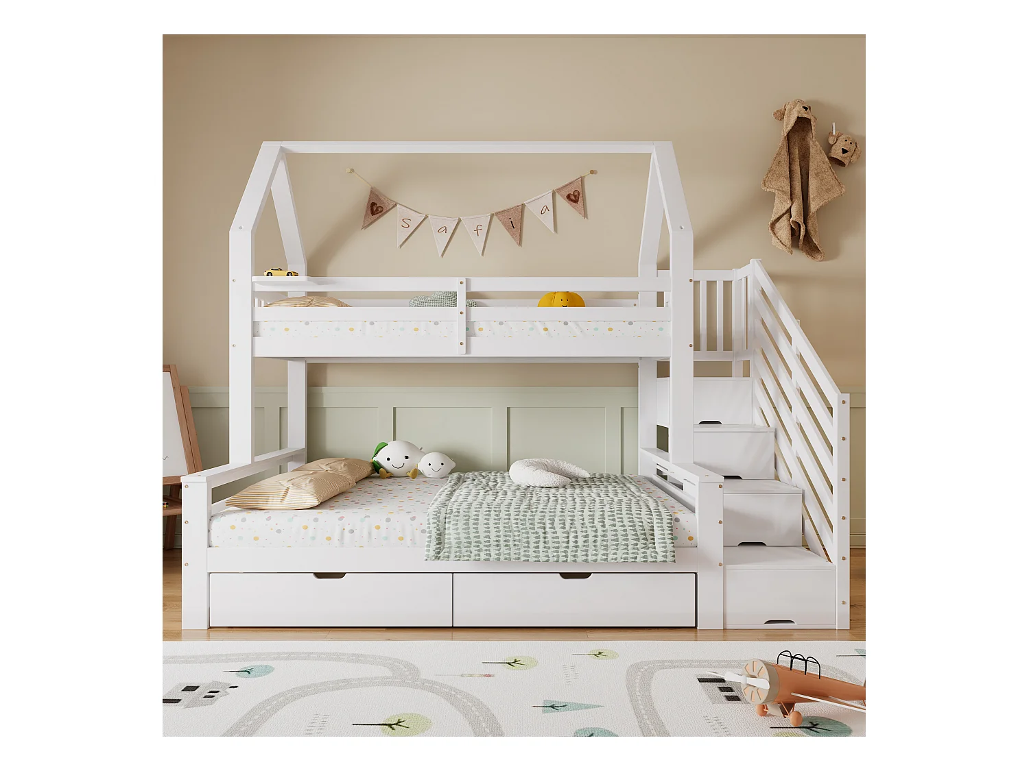 Lit superposés enfant - 90 x 200 + 140 x 200 cm - avec2 tiroirs + placard d'escalier - pin + MDF + contreplaqué - blanc