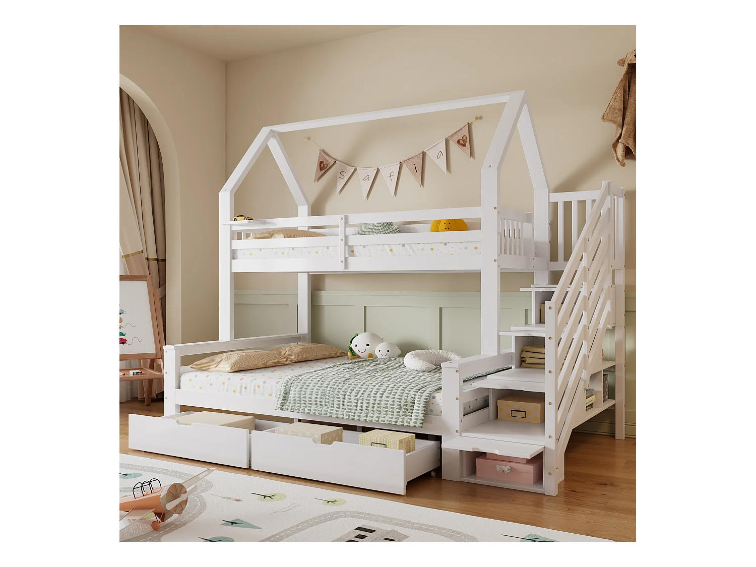 Lit superposés enfant - 90 x 200 + 140 x 200 cm - avec2 tiroirs + placard d'escalier - pin + MDF + contreplaqué - blanc