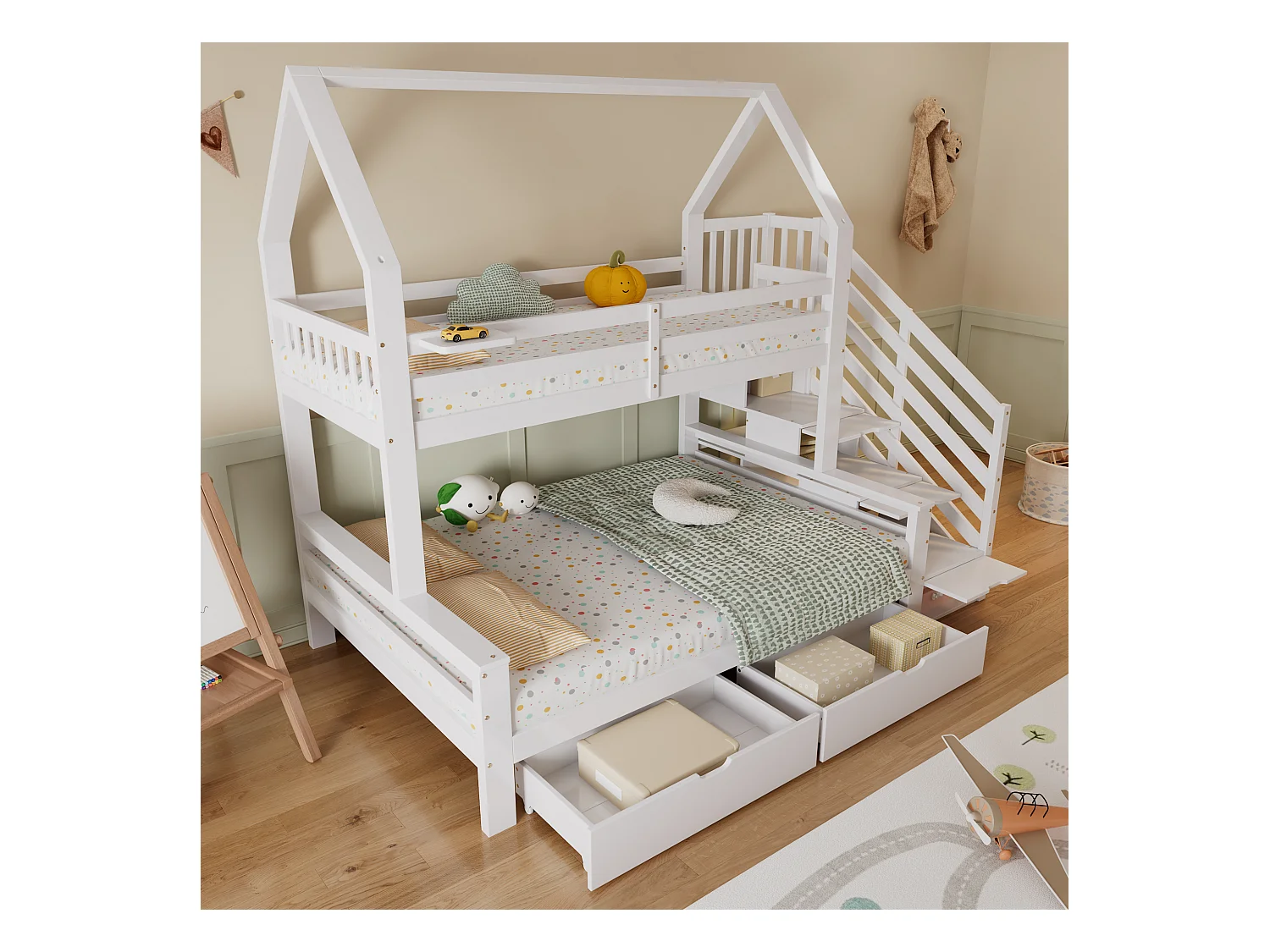 Lit superposés enfant - 90 x 200 + 140 x 200 cm - avec2 tiroirs + placard d'escalier - pin + MDF + contreplaqué - blanc