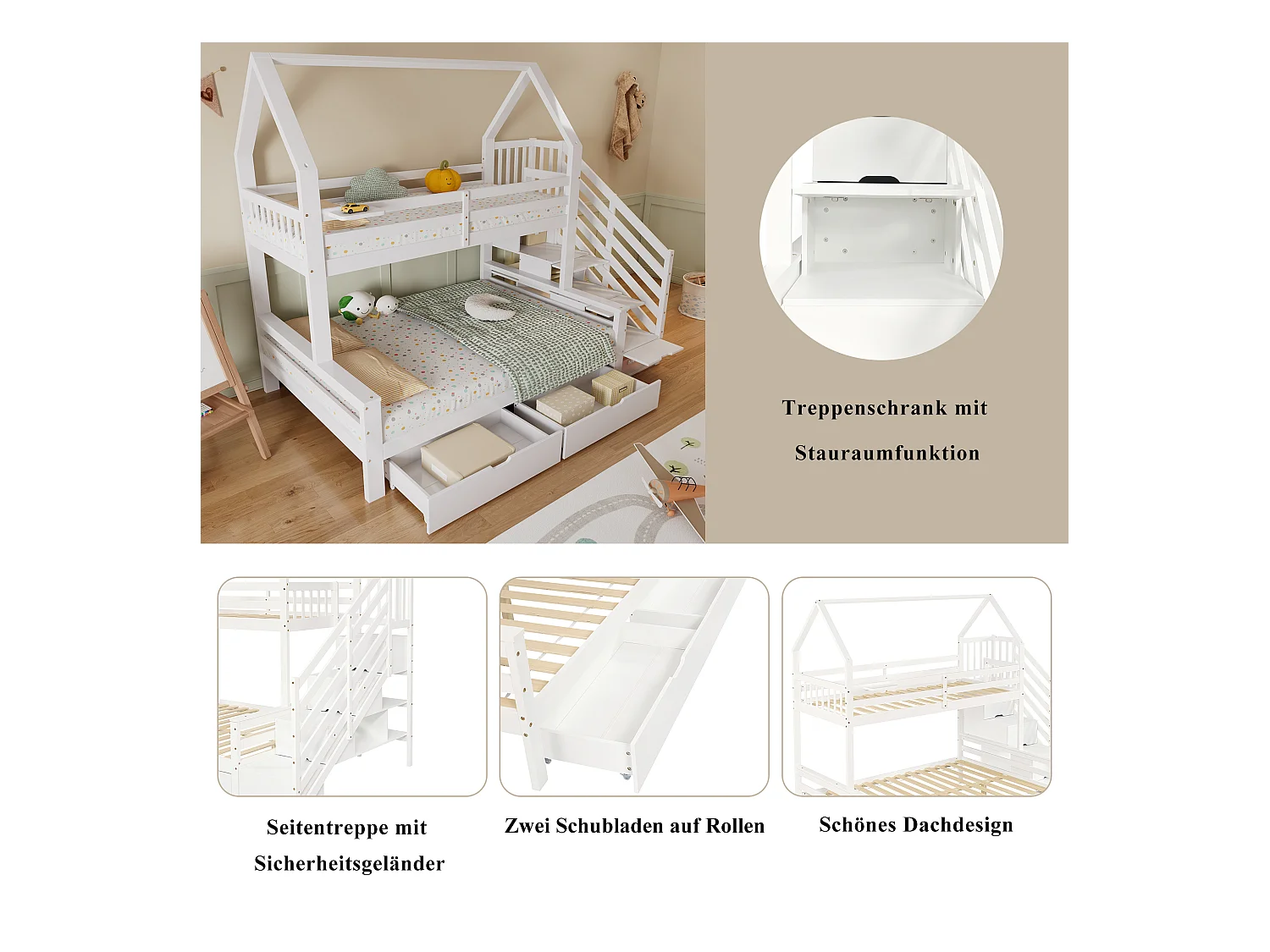 Lit superposés enfant - 90 x 200 + 140 x 200 cm - avec2 tiroirs + placard d'escalier - pin + MDF + contreplaqué - blanc