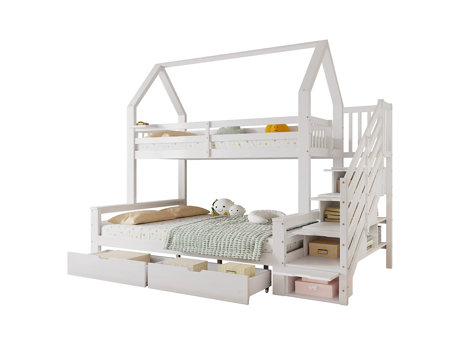 Lit superposés enfant - 90 x 200 + 140 x 200 cm - avec2 tiroirs + placard d'escalier - pin + MDF + contreplaqué - blanc