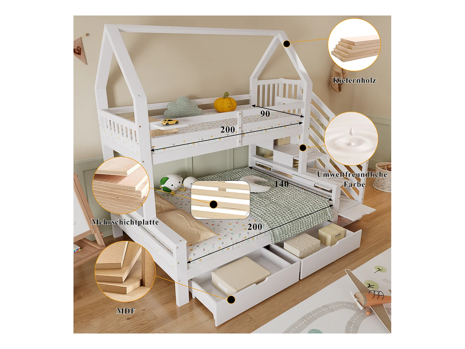 Kinder-Etagenbett - 90 x 200 + 140 x 200 cm - mit 2 Schubladen + Treppenschrank - Kiefer + MDF + Sperrholz - weiß