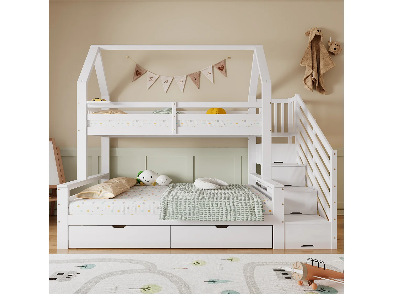 Lit superposés enfant - 90 x 200 + 140 x 200 cm - avec2 tiroirs + placard d'escalier - pin + MDF + contreplaqué - blanc