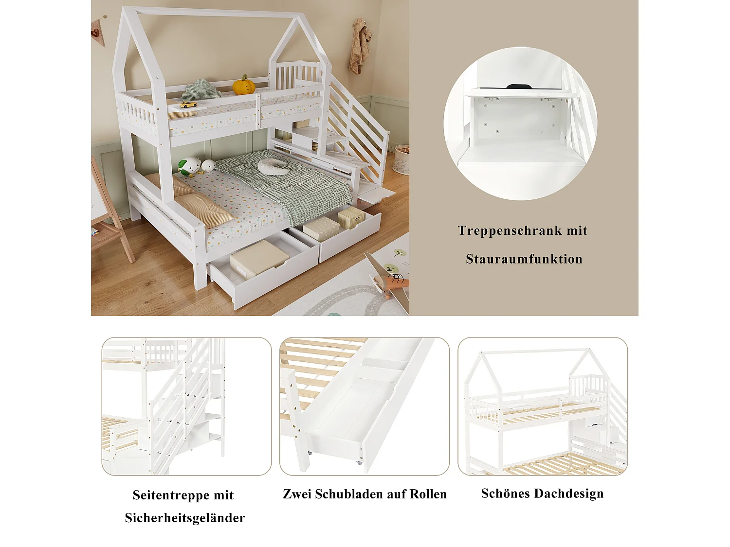 Lit superposés enfant - 90 x 200 + 140 x 200 cm - avec2 tiroirs + placard d'escalier - pin + MDF + contreplaqué - blanc