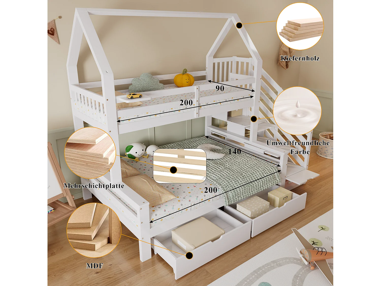 Lit superposés enfant - 90 x 200 + 140 x 200 cm - avec2 tiroirs + placard d'escalier - pin + MDF + contreplaqué - blanc