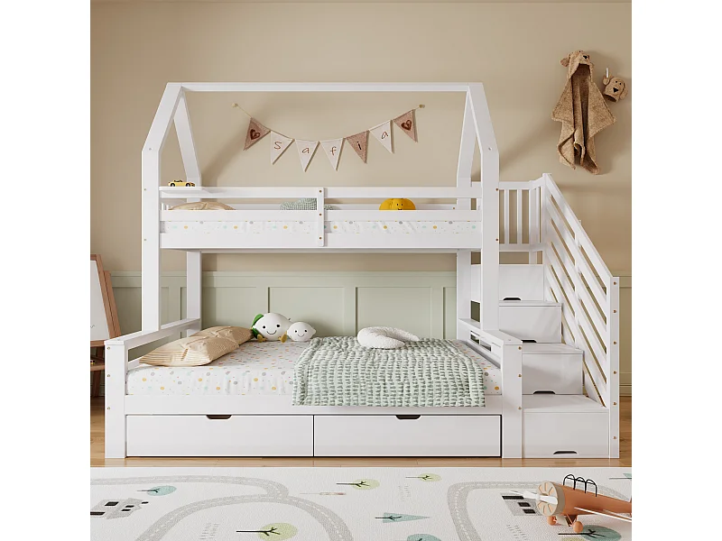 Beliche infantil - 90 x 200 + 140 x 200 cm - com 2 gavetas + armário de escada - pinho + MDF + compensado - branco