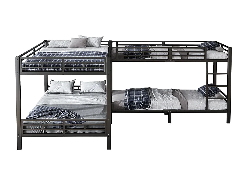 Beliche de ferro para 4 pessoas - 90 x 200 + 140 x 200 cm - com escada + estrado de ripas - metal - preto