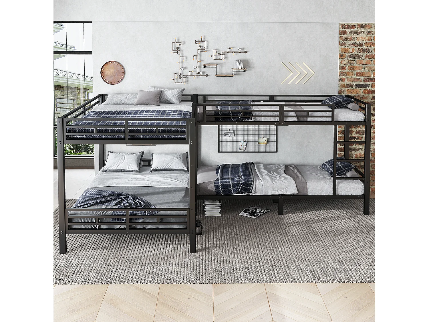 Lit superposés en fer 4 places - 90 x 200 + 140 x 200 cm - avec échelle + sommier à lattes - métal - noir