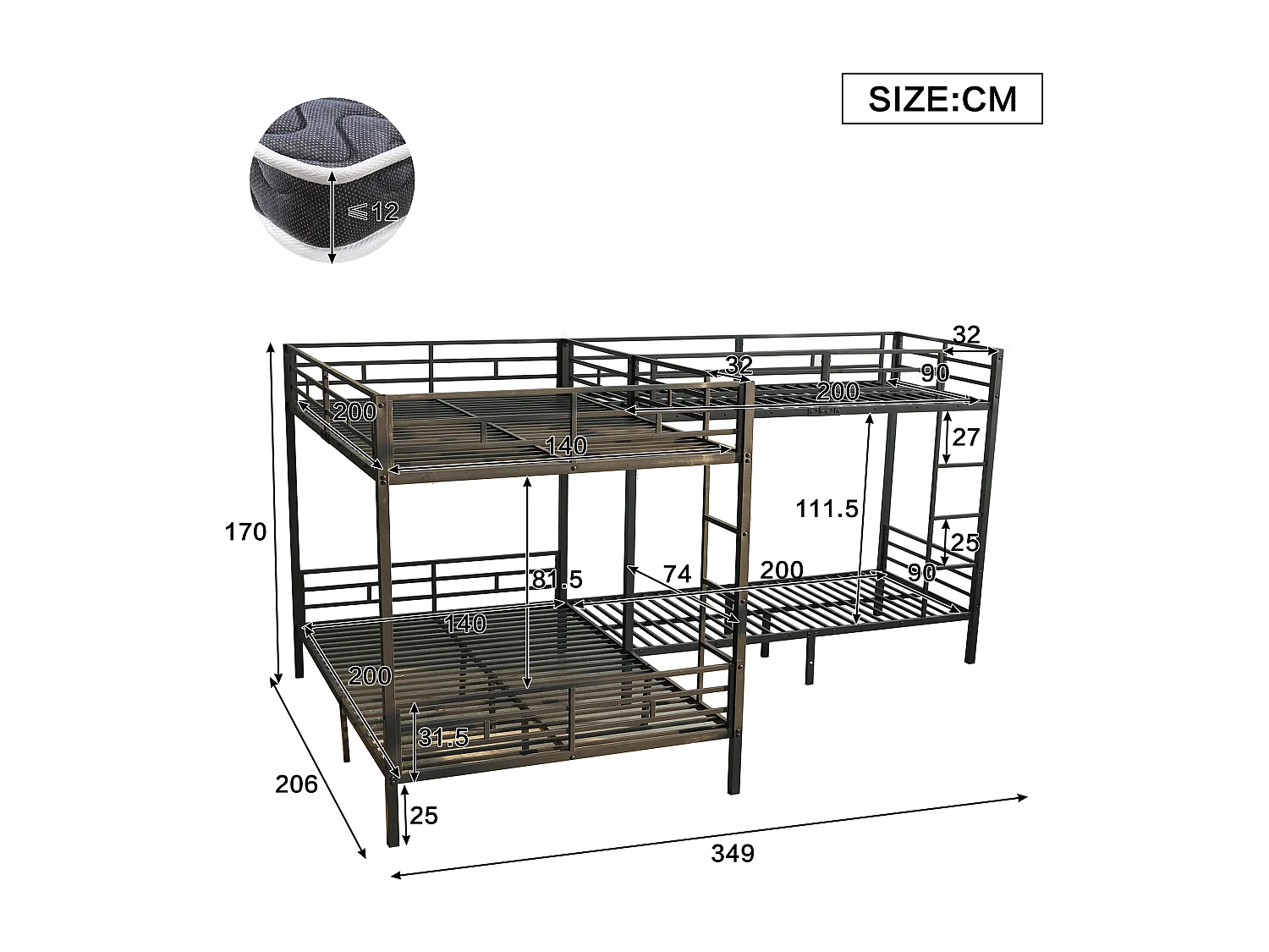 Lit superposés en fer 4 places - 90 x 200 + 140 x 200 cm - avec échelle + sommier à lattes - métal - noir