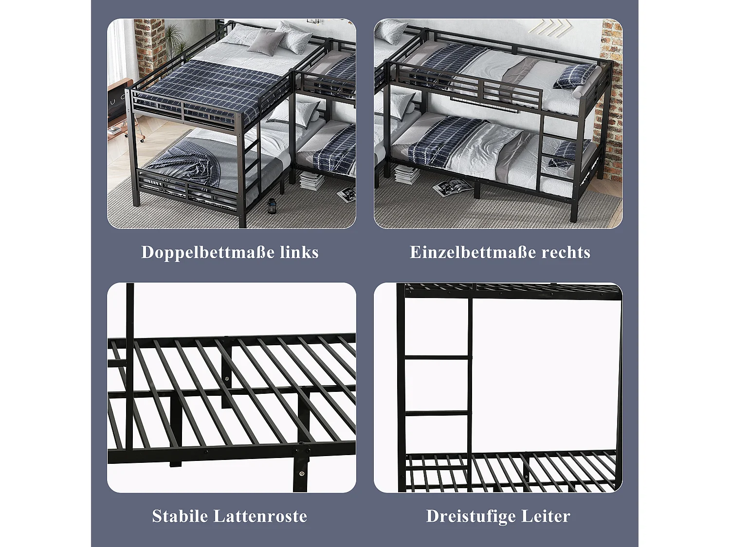Lit superposés en fer 4 places - 90 x 200 + 140 x 200 cm - avec échelle + sommier à lattes - métal - noir