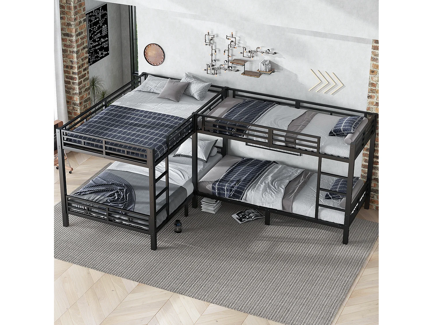 Lit superposés en fer 4 places - 90 x 200 + 140 x 200 cm - avec échelle + sommier à lattes - métal - noir