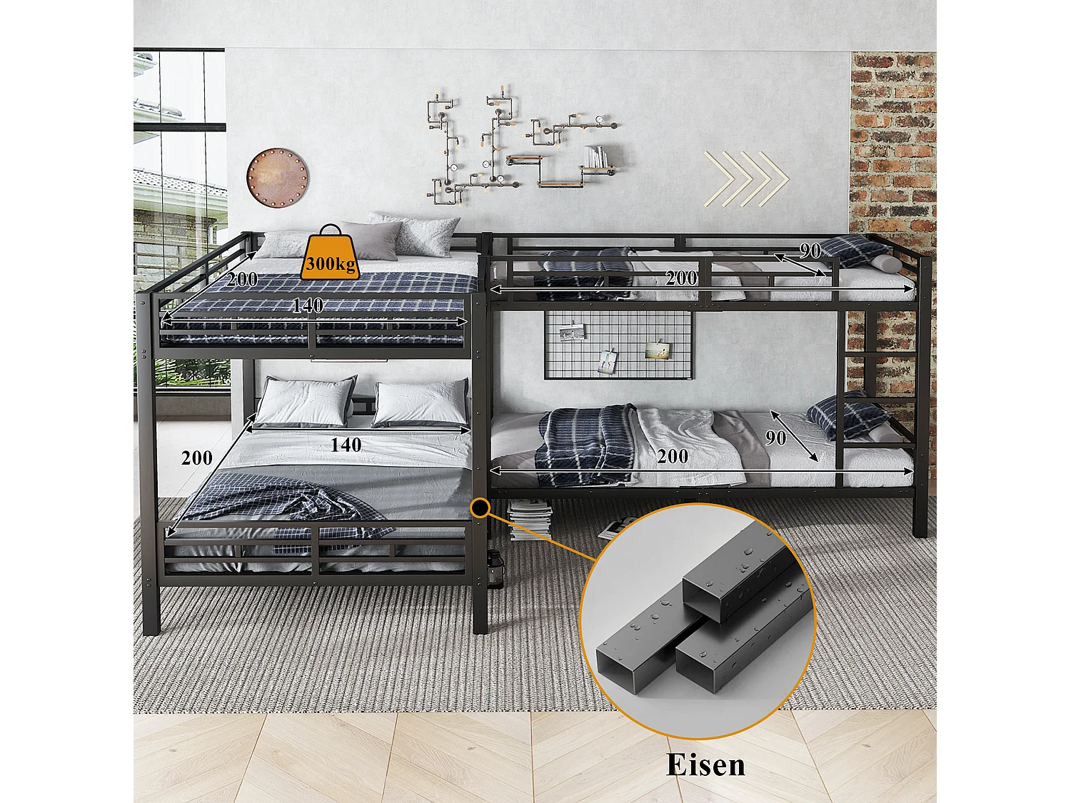 Lit superposés en fer 4 places - 90 x 200 + 140 x 200 cm - avec échelle + sommier à lattes - métal - noir