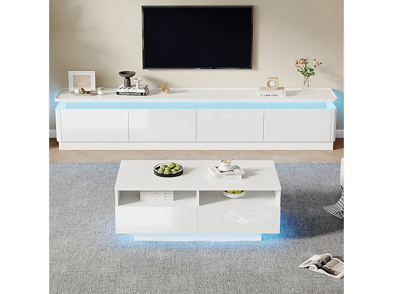 Glänzendes Wohnzimmermöbel-Set - TV-Schrank und Couchtisch mit LEDs + 4 Schubladen - Spanplatte - Weiß