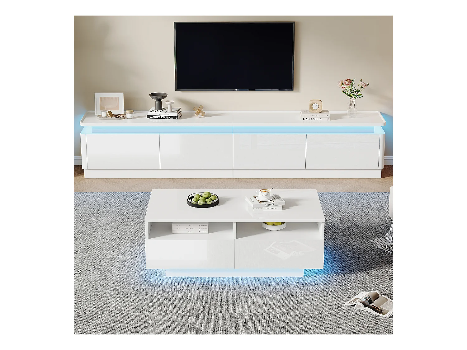 Ensemble meuble salon brillante - meuble TV et table basse avec Leds + 4 tiroirs - aggloméré - blanc