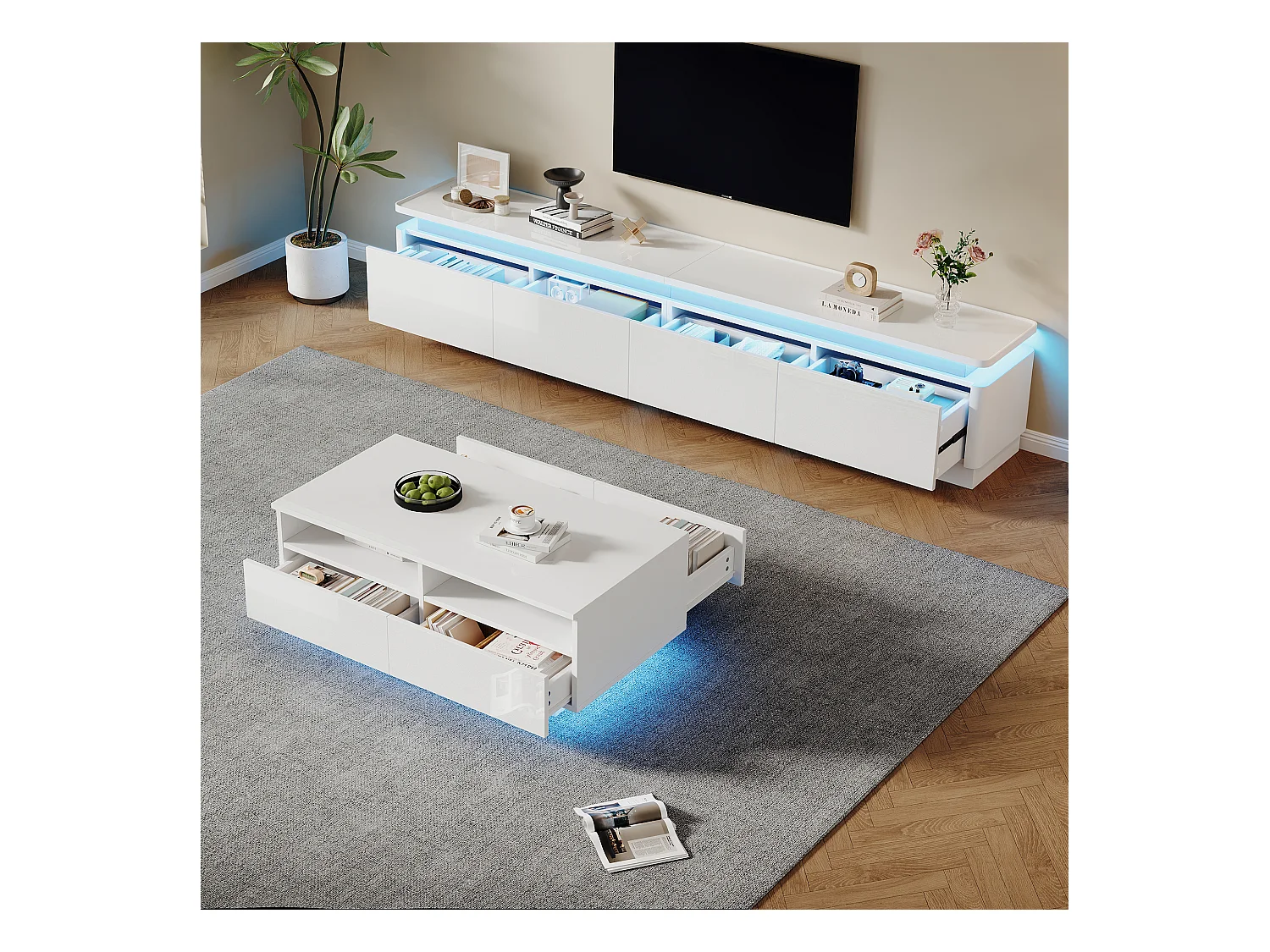 Glänzendes Wohnzimmermöbel-Set - TV-Schrank und Couchtisch mit LEDs + 4 Schubladen - Spanplatte - Weiß