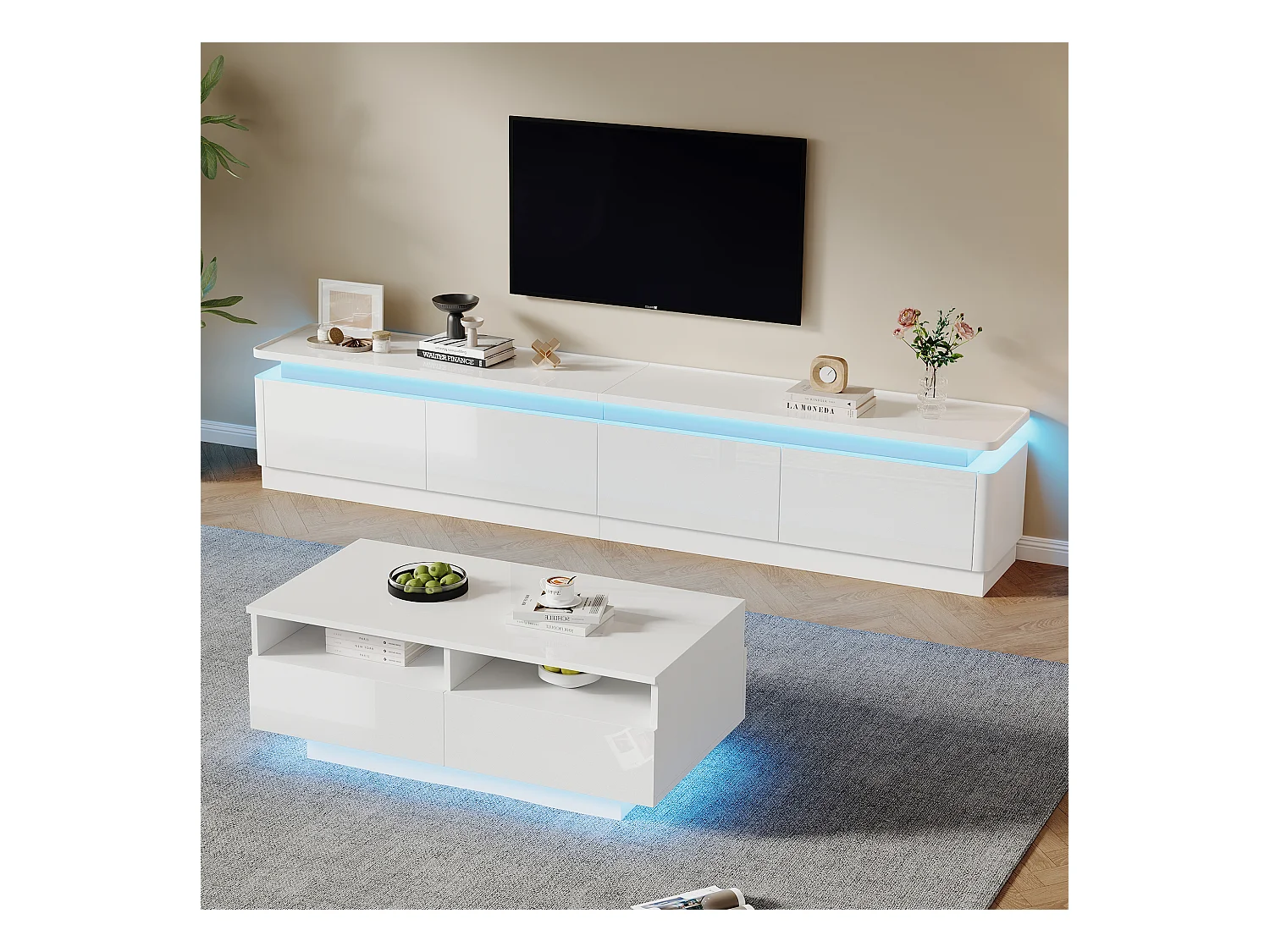 Glänzendes Wohnzimmermöbel-Set - TV-Schrank und Couchtisch mit LEDs + 4 Schubladen - Spanplatte - Weiß