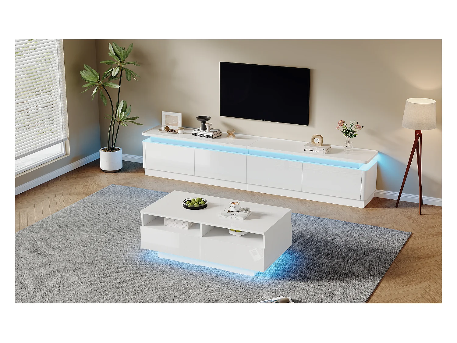 Glänzendes Wohnzimmermöbel-Set - TV-Schrank und Couchtisch mit LEDs + 4 Schubladen - Spanplatte - Weiß