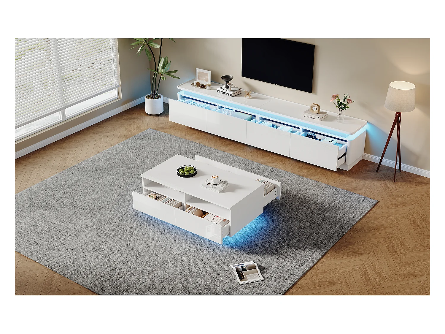 Glänzendes Wohnzimmermöbel-Set - TV-Schrank und Couchtisch mit LEDs + 4 Schubladen - Spanplatte - Weiß
