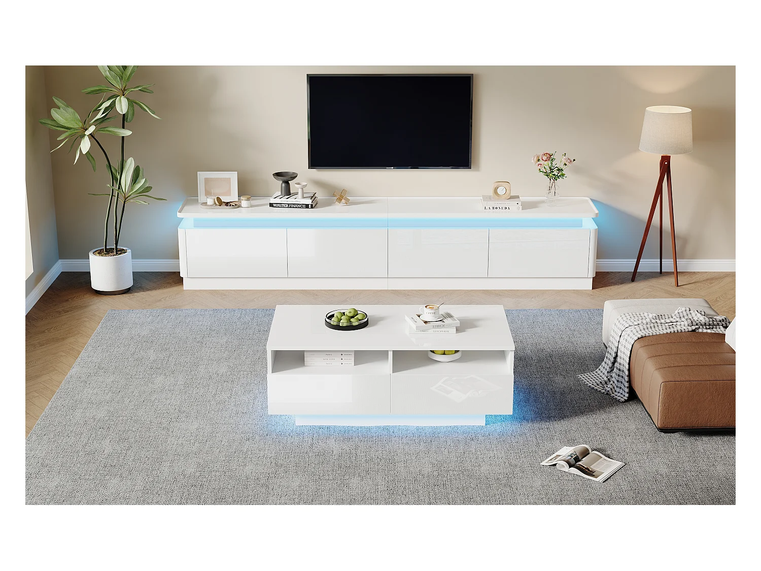 Glänzendes Wohnzimmermöbel-Set - TV-Schrank und Couchtisch mit LEDs + 4 Schubladen - Spanplatte - Weiß