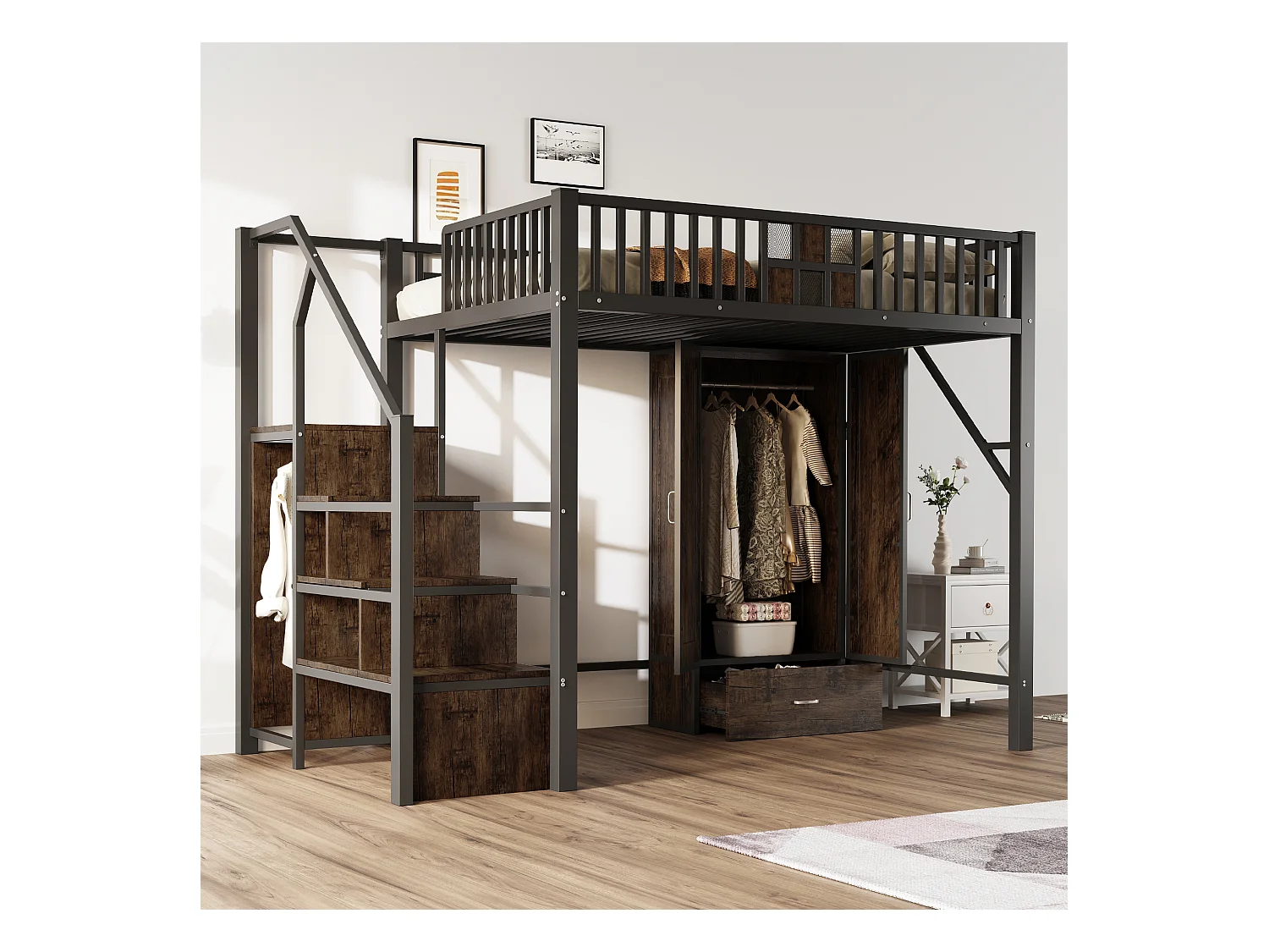 Lit mezzanine en métal - 140 x 200 cm - avec armoire + tiroir + échelle de rangement - métal + bois - noir