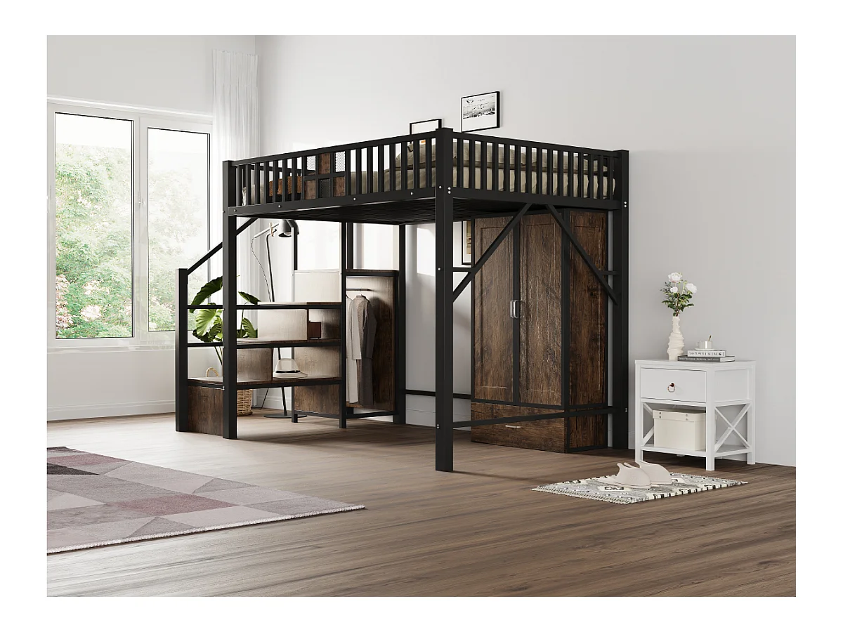 Lit mezzanine en métal - 140 x 200 cm - avec armoire + tiroir + échelle de rangement - métal + bois - noir
