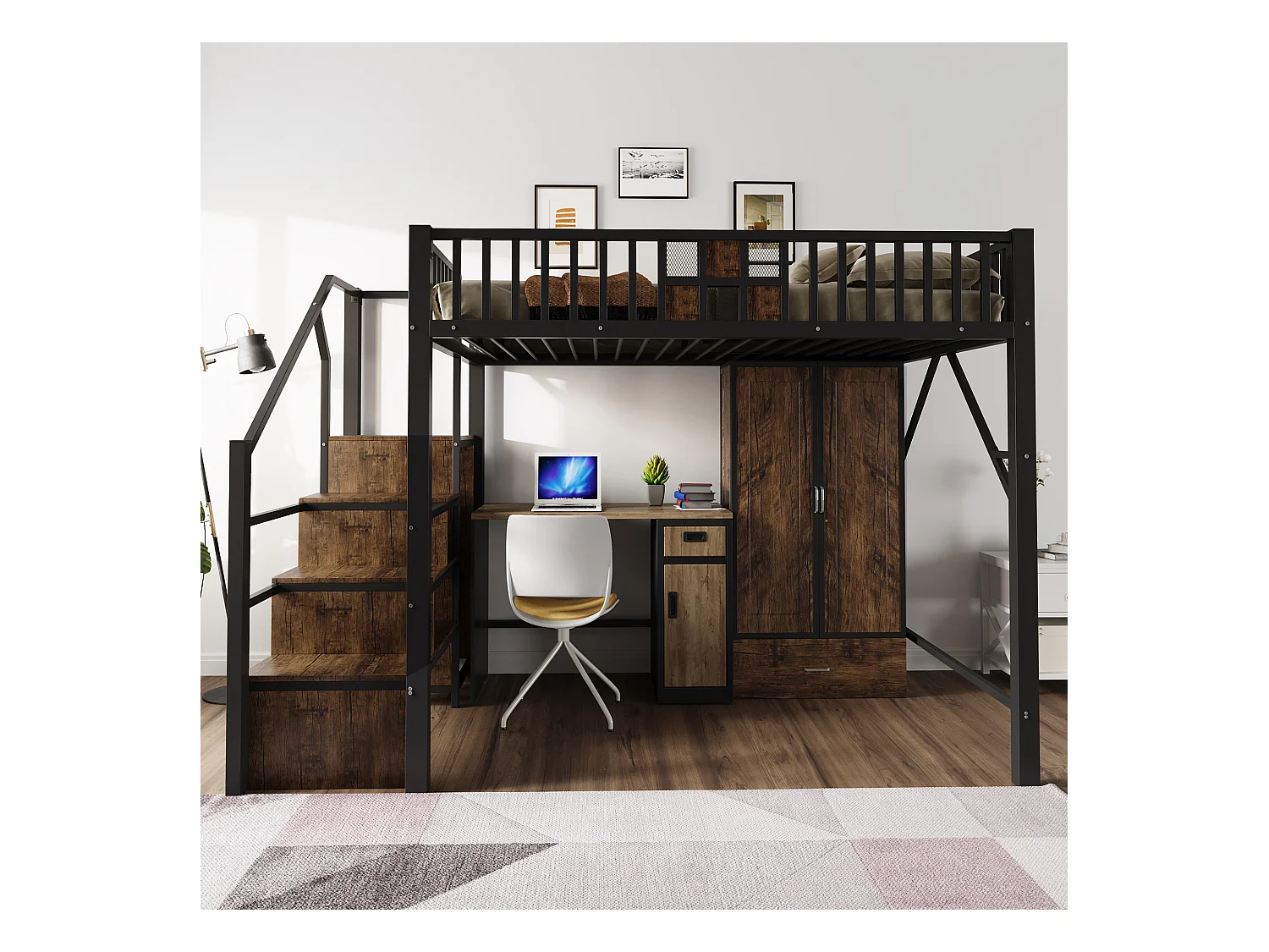 Metall-Hochbett - 140 x 200 cm - mit Kleiderschrank + Schublade + Stauraumleiter - Metall + Holz - schwarz