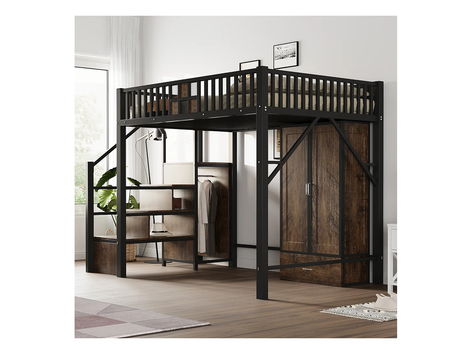 Metall-Hochbett - 140 x 200 cm - mit Kleiderschrank + Schublade + Stauraumleiter - Metall + Holz - schwarz