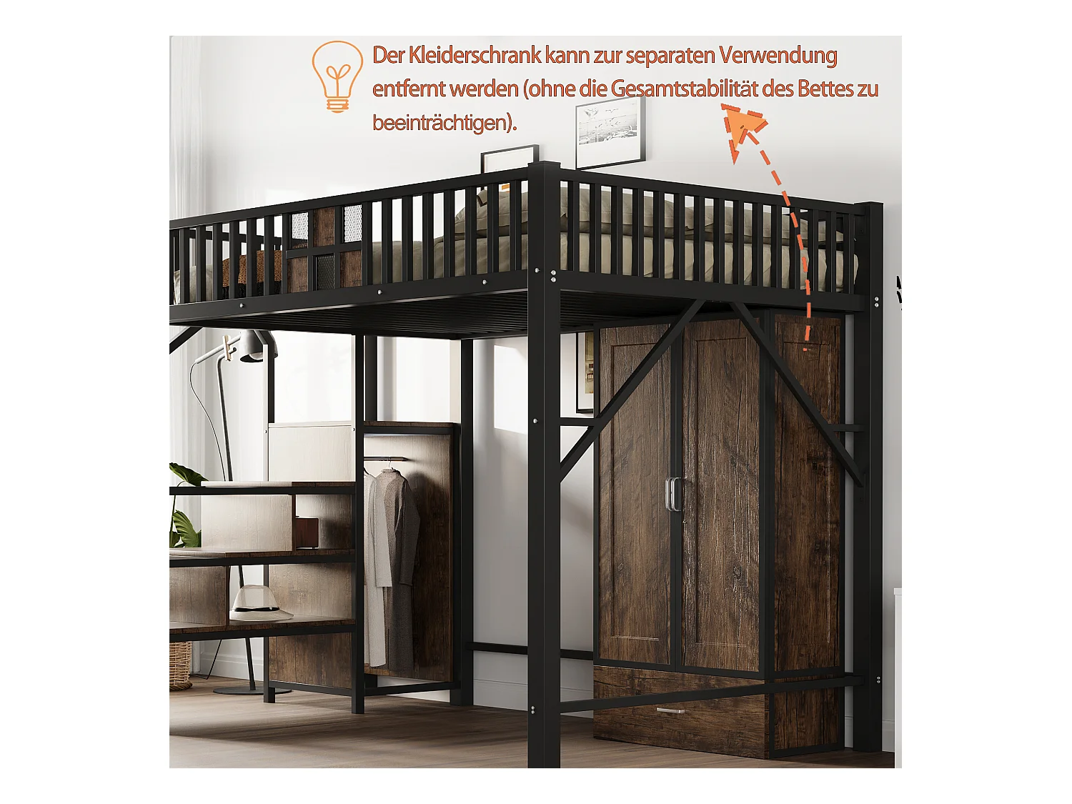Metall-Hochbett - 140 x 200 cm - mit Kleiderschrank + Schublade + Stauraumleiter - Metall + Holz - schwarz