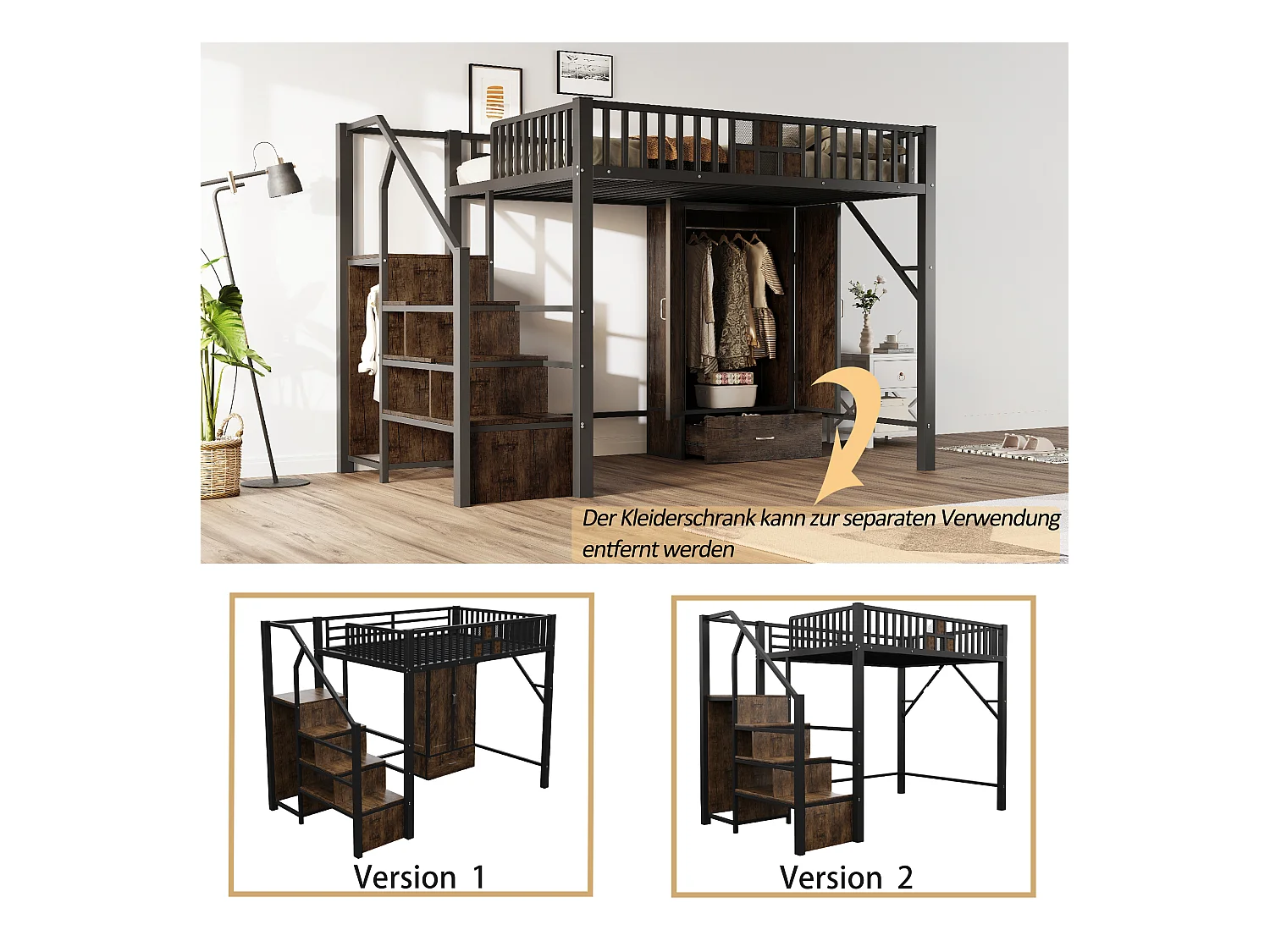 Metall-Hochbett - 140 x 200 cm - mit Kleiderschrank + Schublade + Stauraumleiter - Metall + Holz - schwarz