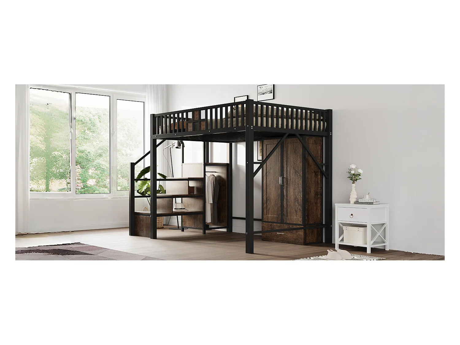 Metall-Hochbett - 140 x 200 cm - mit Kleiderschrank + Schublade + Stauraumleiter - Metall + Holz - schwarz