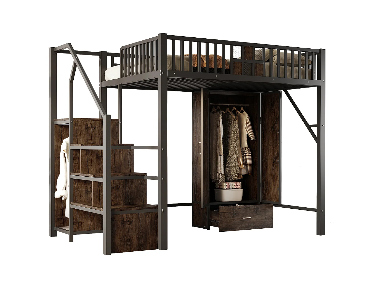 Metall-Hochbett - 140 x 200 cm - mit Kleiderschrank + Schublade + Stauraumleiter - Metall + Holz - schwarz